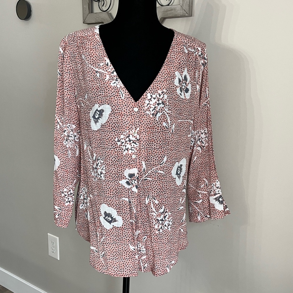 Chic Floral V-Neck Blouse by Como Blu Dress Top Size Large NWOT